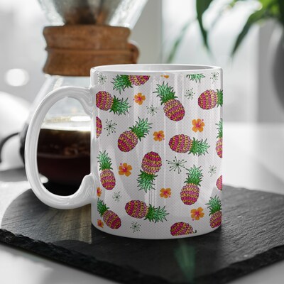 Coffee Mug Doodle Pineapples on White with Choice of Pink or Teal Dots, in 12oz or 15oz mug. High-quality sublimation inks on ceramic mug. - image1